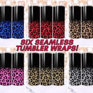 Op de afbeelding: Zes naadloze bekerwraps met een zwarte en glitterende luipaardprint met harten. De glitterkleuren zijn blauw, rood, goud, roze, zwart en zilver.