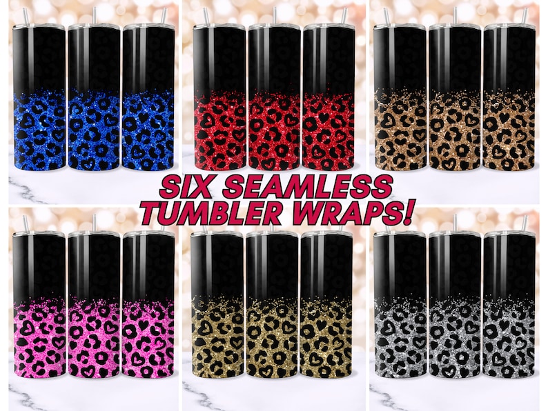 Op de afbeelding: Zes naadloze bekerwraps met een zwarte en glitterende luipaardprint met harten. De glitterkleuren zijn blauw, rood, goud, roze, zwart en zilver.
