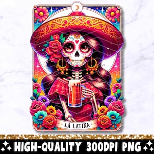 La Latein Tarot Karte PNG, lustiges mexikanisches Sublimationsdesign, spanisches Chingona Skelett Chola Catrina Schädel-T-Shirt Becher Loteria PNG, Download