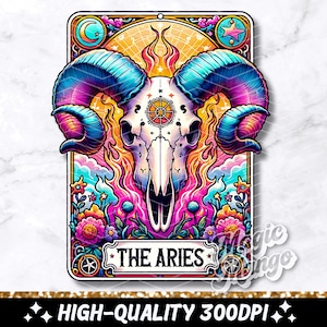 digital design sublimation png. the image is a colorful zodiac tarot card with a ram and the words the Aries