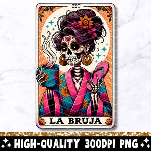 La Bruja Tarot Karte PNG, lustige mexikanische Mutter Sublimationsdesign, spanische Witchy Latein Skelett Catrina Mama Chancla T-Shirt Becher PNG, Download