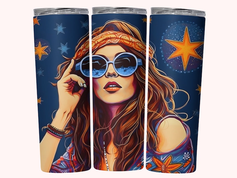 May include: A set of three stainless steel tumblers with a colorful illustration of a woman with long brown hair wearing blue sunglasses and a headband. The background is a dark blue with stars and a large yellow star.