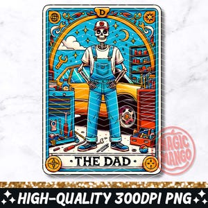 Carta del Tarot Divertida de Papá (PNG), Diseño de Sublimación de Papá Esqueleto Mecánico, Archivo PNG de Taza con Camiseta de Calavera de Moda para Hombre, Descarga Digital