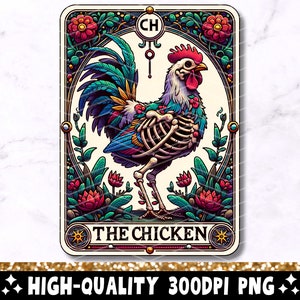 La carte de tarot de poulet PNG, conception de sublimation squelette de poulet, sorcière gothique céleste amateur de poulet T-Shirt tasse fichier PNG en téléchargement numérique