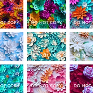 Pu&ograve; includere: Nove diversi motivi di fiori di carta in vari colori, tra cui arancione, rosa, blu, bianco e verde. I fiori sono disposti in una griglia, con ogni quadrato che contiene un motivo diverso.