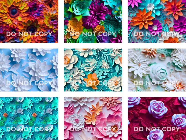 Pu&ograve; includere: Nove diversi motivi di fiori di carta in vari colori, tra cui arancione, rosa, blu, bianco e verde. I fiori sono disposti in una griglia, con ogni quadrato che contiene un motivo diverso.