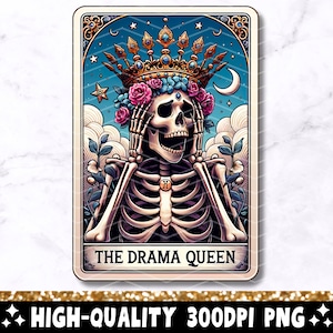The Drama Queen tarotkaart PNG, grappig skelet schedel sublimatie ontwerp, populaire trendy Witchy Gothic T-shirt mok png, digitale download