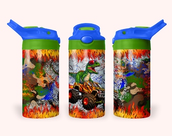 Dinosaur Moster Truck 12oz Kids Flip Top Sippy Cup Tumbler Wrap, Straight Tumbler Sublimation PNG, Childrens Tumbler Wrap Design For Boys