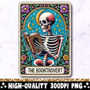 The Booktrovert Tarot Card PNG, Reading Skeleton Sublimation Design, Book Lover Reader Skull Tarot T-shirt Mug PNG File, Digital Download
