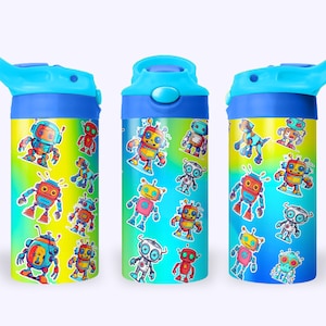Robots 12oz Kids Flip Top Sippy Cup Tumbler Wrap, 12oz Straight Tumbler Sublimation PNG, Childrens Cute Colorful Tumbler Wrap Design PNG