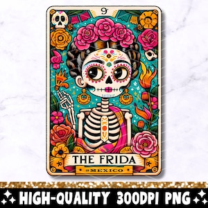 Carta de Tarô Frida PNG, Design de Sublimação, Esqueleto Latina Mexicana Catrina Caveira Camiseta Engraçada Caneca PNG, Download Digital