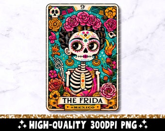 Die Frida Tarot Karte PNG, Sublimationsdesign, mexikanische Latein Skelett Catrina Schädel lustige T-Shirt Becher PNG, digitaler Download