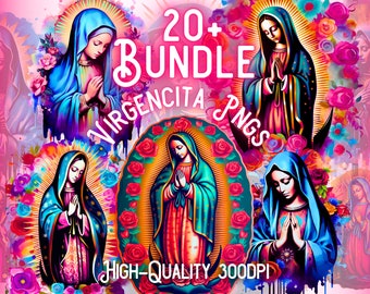 May include: A digital art bundle of 20+ colorful images of the Virgin Mary, known as Virgencita, in PNG format. The images are high-quality and 300 DPI.