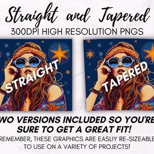 May include: Two digital illustrations of a woman with long brown hair wearing a headband, sunglasses, and a patterned shirt. The woman is shown against a blue background with stars. The text "STRAIGHT" is superimposed on the left image and "TAPERED" is superimposed on the right image.
