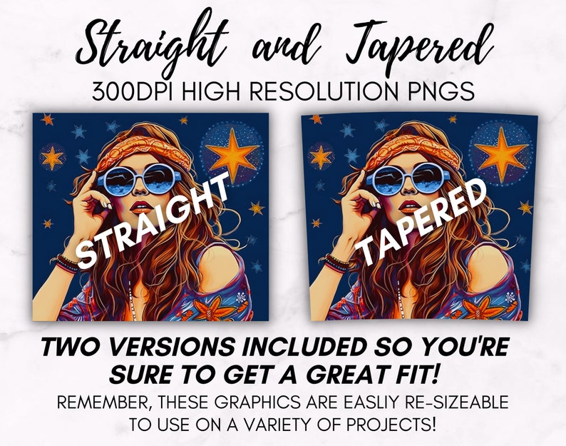 May include: Two digital illustrations of a woman with long brown hair wearing a headband, sunglasses, and a patterned shirt. The woman is shown against a blue background with stars. The text "STRAIGHT" is superimposed on the left image and "TAPERED" is superimposed on the right image.