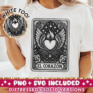 El Corazón Tarot-Karte SVG PNG, Mexikanisches Sacred Heart Sublimationsdesign, Trendy Latein Spanisch Brennendes Herz Flügel SVG Schnittdatei Png, Download