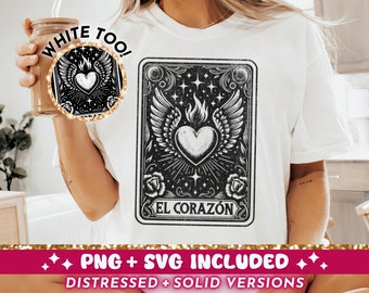 El Corazón Tarot Card SVG PNG, Mexican Sacred Heart Sublimation Design, Trendy Latina Spanish Burning Heart Wings SVG Cut File png, Download