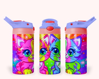 Neon Kittens 12oz Kids Flip Top Sippy Cup Tumbler Wrap, 12oz Straight Tumbler Sublimation PNG, Childrens Kitty Tumbler Wrap For Girls