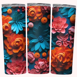 3D Floral Tumbler Wrap, 20oz Skinny Tumbler Sublimation Design, Instant Download, Straight & Tapered Tumbler Wrap, Seamless 3d Flowers PNG