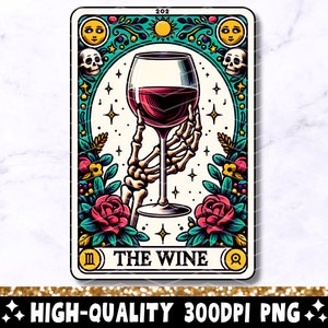 A carta de tarô de vinho PNG, design moderno de sublimação de esqueleto, amante de taça de vinho bruxa caneca de tarô gótica PNG, download digital