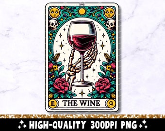 Op de afbeelding: Een tarotkaart met een kleurrijk ontwerp met een skelet hand die een glas rode wijn vasthoudt. De kaart is getiteld "De Wijn" en heeft het Romeinse cijfer III in de linkerbenedenhoek.