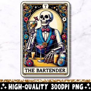 The Bartender Tarot Card PNG, divertido diseño de sublimación de esqueleto de bartending, Pub Bar Cocktail Skull Tarot camiseta taza PNG, descarga digital