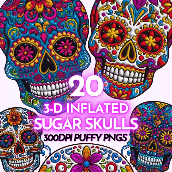 Puffy Sugar Skull PNG Bundle, 3D Sugar Skull Clip Art, Tag der Toten Sublimation Designs, Dia De Los Muertos, digitaler Download