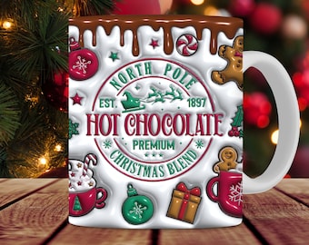 3D Christmas Hot Cocoa Inflated Mug Wrap, 11oz and 15oz Mug Sublimation Design, 3D Puffy North Pole Christmas Vibes Mug Wrap PNG, Download