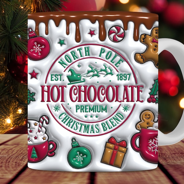 Enveloppement de tasse gonflé au cacao chaud de Noël 3D, conception de sublimation de tasse de 11 oz et 15 oz, 3D Puffy North Pole Christmas Vibes Mug Wrap PNG, Télécharger