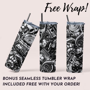 May include: Three stainless steel tumblers with black and white engine part designs. Each tumbler has a silver straw and a lid. The text "Free Wrap!" is at the top, and "BONUS SEAMLESS TUMBLER WRAP INCLUDED FREE WITH YOUR ORDER!" is at the bottom.