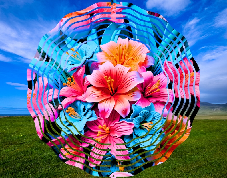 Pu&ograve; includere: Un mulinello a vento in metallo colorato con un design circolare che presenta fiori rosa, blu e arancioni. I fiori sono sovrapposti e si sovrappongono, creando un effetto 3D. Lo sfondo &egrave; un motivo bianco e nero di linee ondulate.