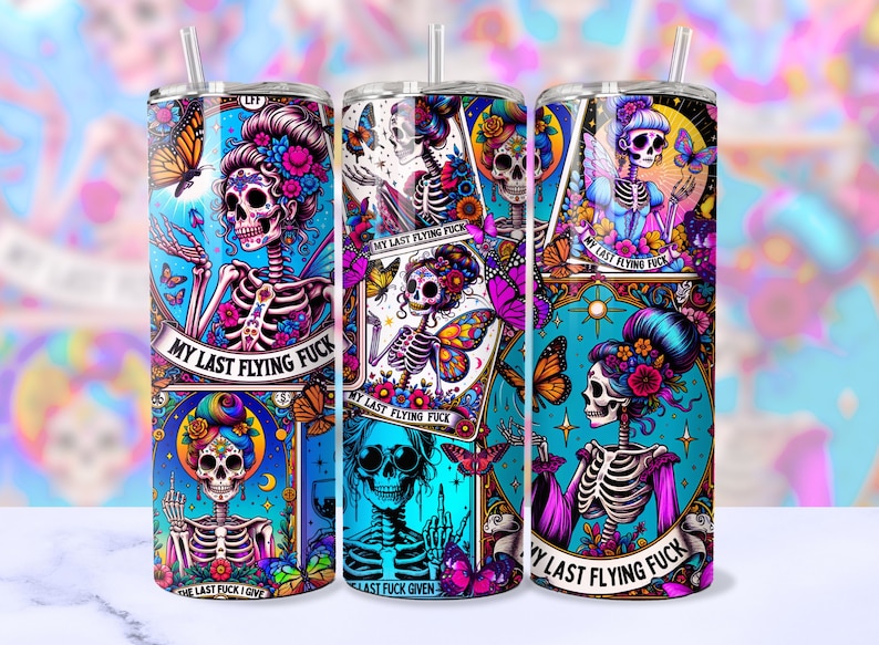 20oz skinny tumbler with digital design sublimation wrap png.  the image is colorful and in the style of tarot cards with funny sweary snarky sayings.  funny witchy tarot cards tumbler wrap sublimation png