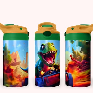 Dinosaur Driver 12oz Kids Flip Top Sippy Cup Tumbler Wrap, 12oz Straight Tumbler Sublimation PNG, Childrens Dinosaur Tumbler Wrap Design PNG