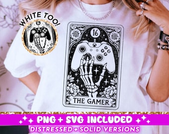 Die Gamer Tarot Karte SVG PNG, Skelett Sublimationsdesign, Witchy Vibes Gaming T-Shirt Design, Videospiel PNG SVG Cut Datei digitaler Download