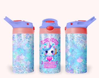 ユニコーン マーメイド 12 オンス 子供用 フリップトップ シッピーカップ タンブラー ラップ、12 オンス ストレート タンブラー 昇華 PNG、女の子向け子供用キラキラ タンブラー ラップ