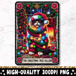 Carta de Tarô Engraçada Assassina de Árvore de Natal PNG, Design de Sublimação de Férias Sarcásticas de Gato Sarcástico, Arquivo PNG de Caneca de Camiseta da Moda para Download Digital