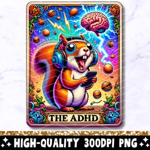 De ADHD grappige tarotkaart png, neurodivergent sublimatieontwerp, ADD eekhoorn autisme bewustzijn geestelijke gezondheid T-shirt mok png-bestand downloaden