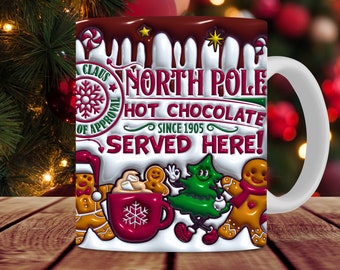 3D Weihnachten Heißer Kakao Aufgeblasene Tassenverpackung, 11 Unzen und 15 Unzen Tassen Sublimationsdesign, 3D Puffy Christmas Vibes Tassenverpackung PNG, Herunterladen