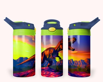 Dinosaur 12oz Kids Flip Top Sippy Cup Tumbler Wrap, 12oz Straight Tumbler Sublimation PNG, Childrens Dinosaur T-Rex Tumbler Wrap Design PNG