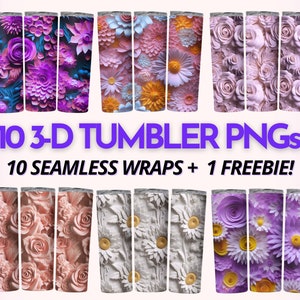 May include: Ten digital designs for sublimation tumblers featuring various floral patterns. The designs include 3D paper flower designs in shades of pink, purple, and white. The designs are seamless and can be used to create custom tumblers.