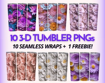 Carved 3D Seamless Tumbler Wrap BUNDLE, 20oz Skinny Tumbler Wrap Sublimation PNGs, Instant Download, Straight + Tapered 3D Tumbler Designs