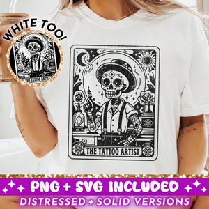 Carta de tarô do tatuador SVG PNG, design de sublimação de esqueleto, caneca de camiseta com caveira tatuadora bruxa Png arquivo de corte SVG, download digital