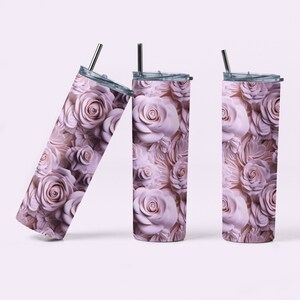 a mockup of a pretty floral tumbler wrap digital design sublimation png.  a 3d design featuring pink roses in a carved effect.  roses floral 3d carved effect tumbler wrap