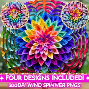 May include: Four layered designs of a rainbow colored flower wind spinner. Each layer is a different shade of the rainbow. The wind spinner is 300 DPI and is a PNG file.