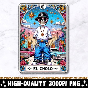 El Cholo Tarot Karte PNG, lustiges mexikanisches Chingón Sublimationsdesign, spanisches Skelett Trendy Schädel Latein T-Shirt Becher Loteria PNG, Download