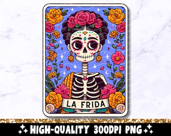 La Frida Tarot Karte PNG, Sublimationsdesign, mexikanische Latein Skelett Catrina Schädel lustige T-Shirt Becher PNG, digitaler Download