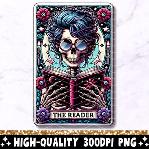 De lezer tarotkaart PNG, lezing skelet sublimatie ontwerp, boekenliefhebber Booktrovert Skull Tarot T-shirt mok mok PNG-bestand, digitale download