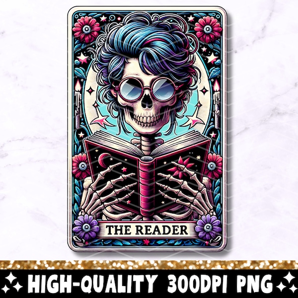 The Reader Tarot Card PNG, Diseño de sublimación de esqueleto de lectura, Amante del libro Booktrovert Skull Tarot Camiseta Taza Archivo PNG, Descarga digital