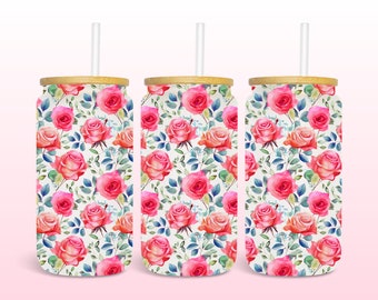 Roses Glass Can Wrap, Seamless 16oz Glass Can Tumbler Sublimation Design, Glass Jar Floral PNG, Digital Download, Can Size For Libbey Glass