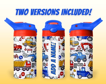 Construction 12oz Kids Flip Top Sippy Cup Tumbler Wrap, Add A Name 12oz Straight Children's Toddlers Tumbler Sublimation Design PNG For Boys